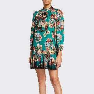 Alice + Olivia Merrilee Green Floral Tie-Neck Tiered Ruffle Tunic Dress